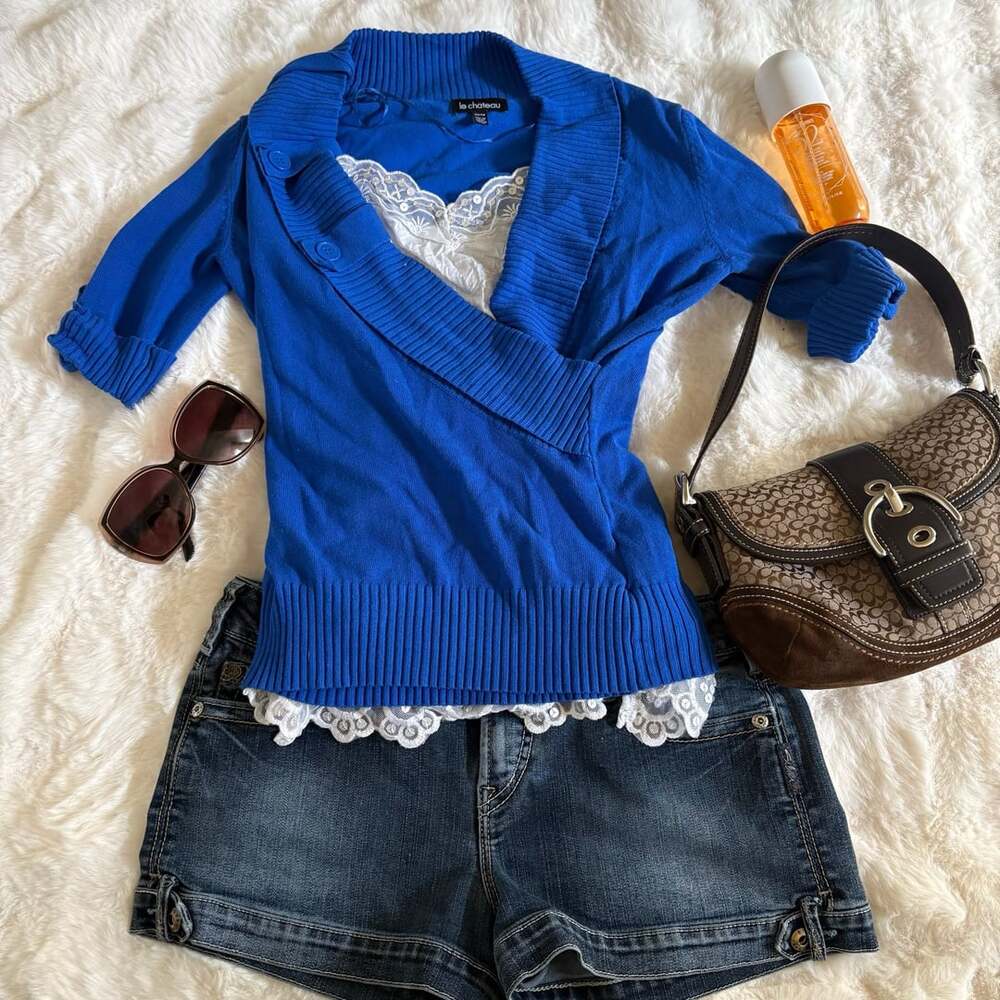 Le Chateau Shawl Collar Wrap Sweater Size XS/TP Blue Ribbed Knit